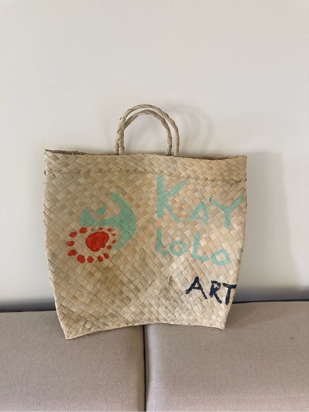 Handwoven Natural Straw Tote with Mint and Coral Accents